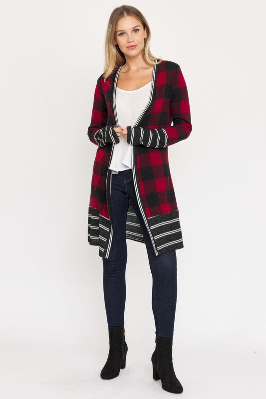Petite Women's Long Buffalo Plaid Stripe Trim Open Cardigan - Cozy Warmth & Comfort