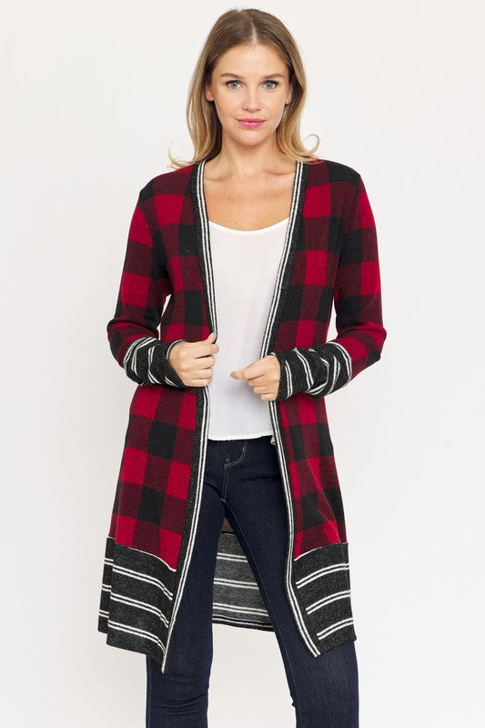 Petite Women's Long Buffalo Plaid Stripe Trim Open Cardigan - Cozy Warmth & Comfort