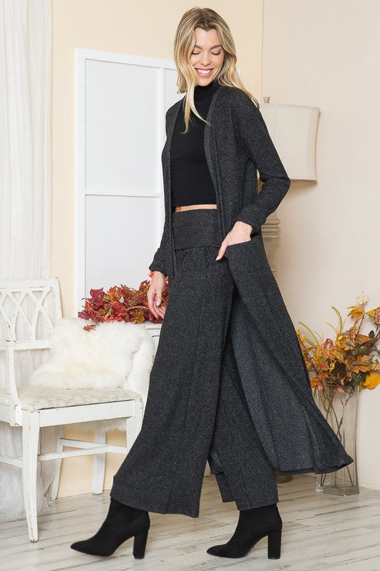 Brushed Rib Open Front Cardigan with Pockets Long Sleeve Midi Length