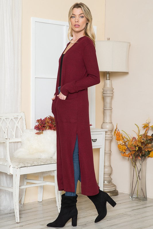 Brushed Rib Open Front Cardigan with Pockets Long Sleeve Midi Length