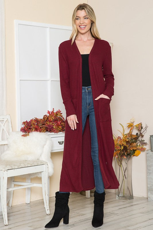 Brushed Rib Open Front Cardigan with Pockets Long Sleeve Midi Length