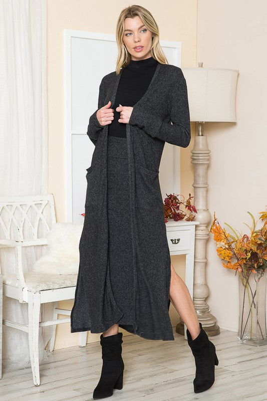 Brushed Rib Open Front Cardigan with Pockets Long Sleeve Midi Length