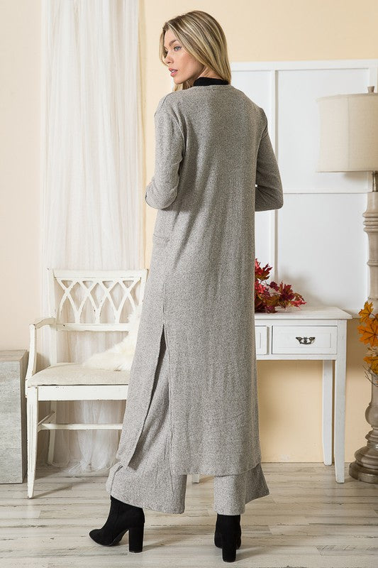 Brushed Rib Open Front Cardigan with Pockets Long Sleeve Midi Length