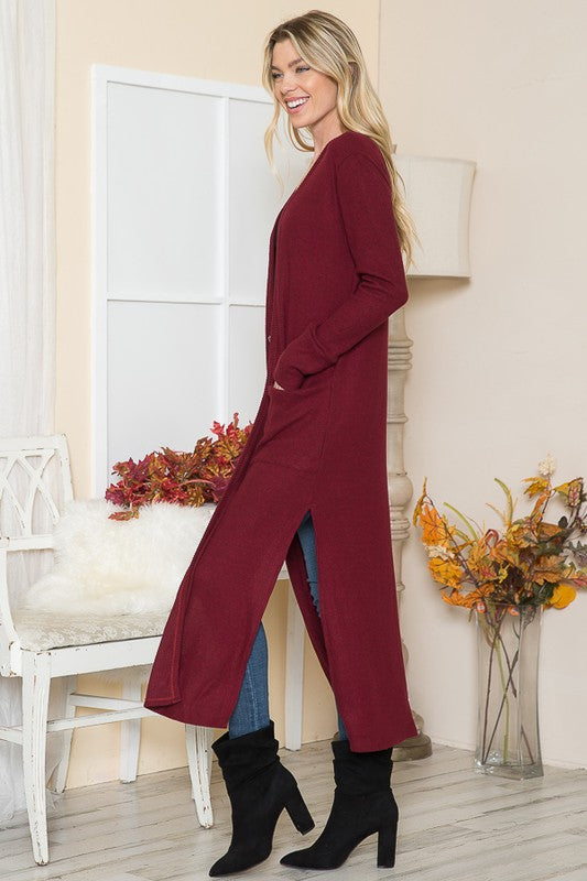 Brushed Rib Open Front Cardigan with Pockets Long Sleeve Midi Length