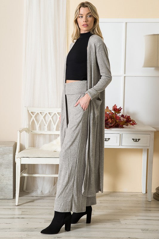 Brushed Rib Open Front Cardigan with Pockets Long Sleeve Midi Length