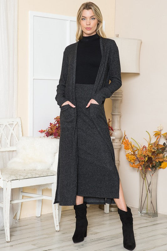Brushed Rib Open Front Cardigan with Pockets Long Sleeve Midi Length
