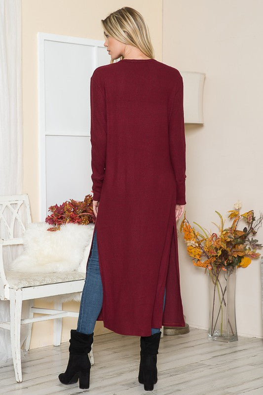 Brushed Rib Open Front Cardigan with Pockets Long Sleeve Midi Length