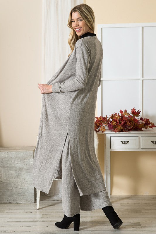 Brushed Rib Open Front Cardigan with Pockets Long Sleeve Midi Length