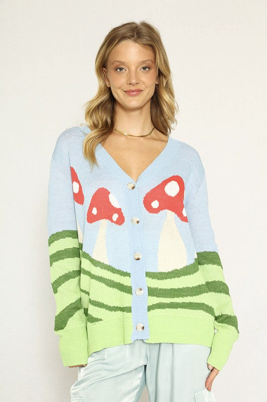 Women's Bright Summer Mushroom Field Cardigan V-Neck Regular Fit Long Sleeve Button Closure