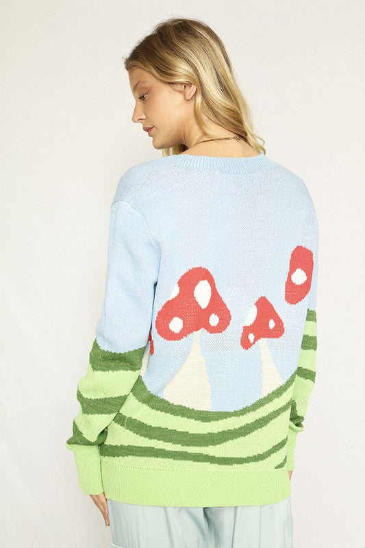 Women's Bright Summer Mushroom Field Cardigan V-Neck Regular Fit Long Sleeve Button Closure