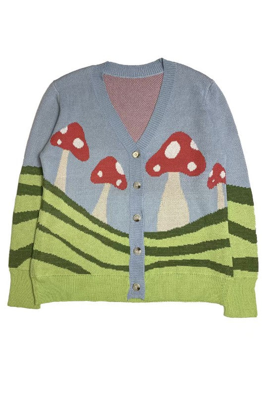 Women's Bright Summer Mushroom Field Cardigan V-Neck Regular Fit Long Sleeve Button Closure