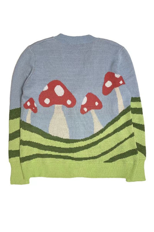 Women's Bright Summer Mushroom Field Cardigan V-Neck Regular Fit Long Sleeve Button Closure