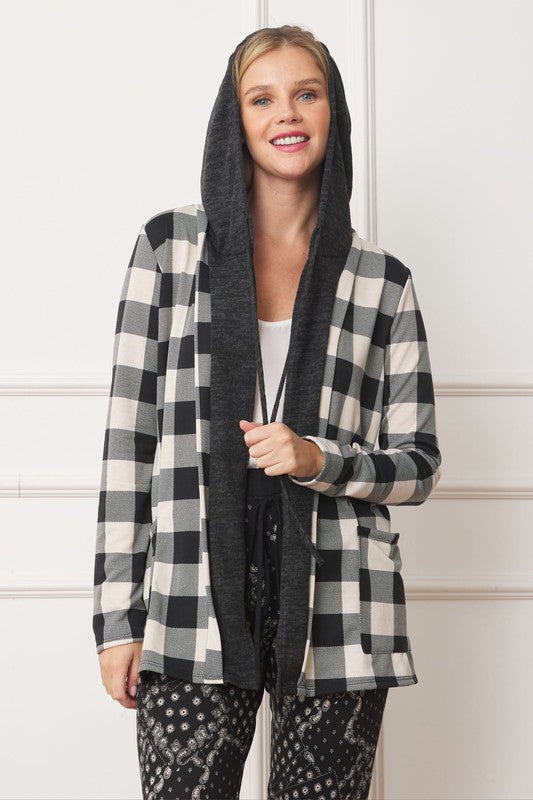Buffalo Plaid Hooded Cardigan for Women in Polyester Spandex Blend