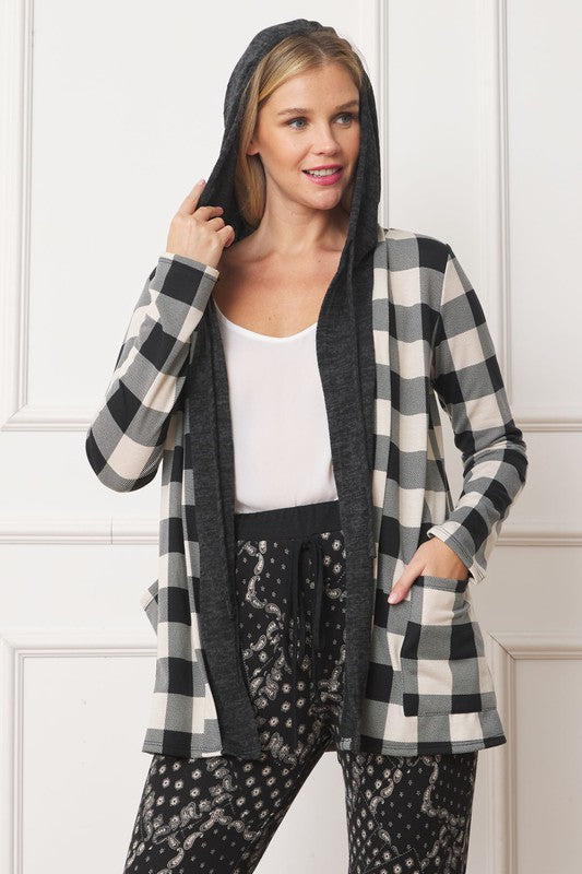 Buffalo Plaid Hooded Cardigan for Women in Polyester Spandex Blend