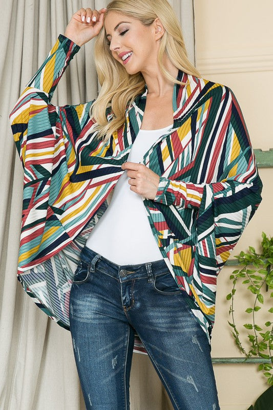 Women's Dolman Open Front Cardigan Geometric Knit Jersey Lightweight