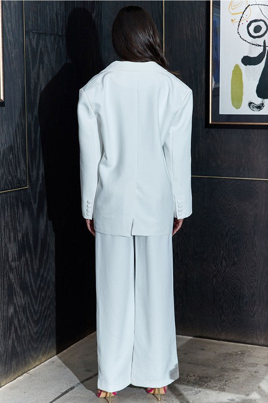 Athina Casual Loose Fit Blazer and Pants Set in Blue or White with Front Button Closure