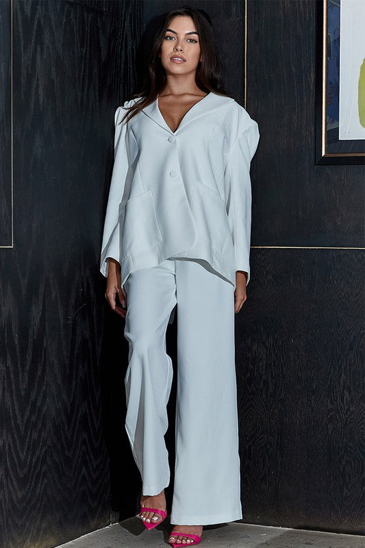 Athina Casual Loose Fit Blazer and Pants Set in Blue or White with Front Button Closure