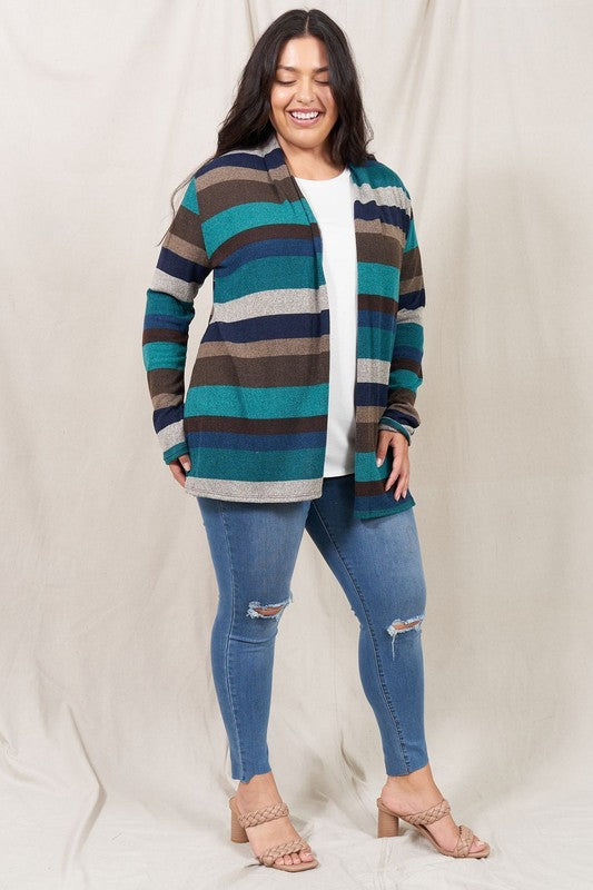 Striped Elbow Patch Cardigan Relaxed Fit Lightweight Polyester Blend
