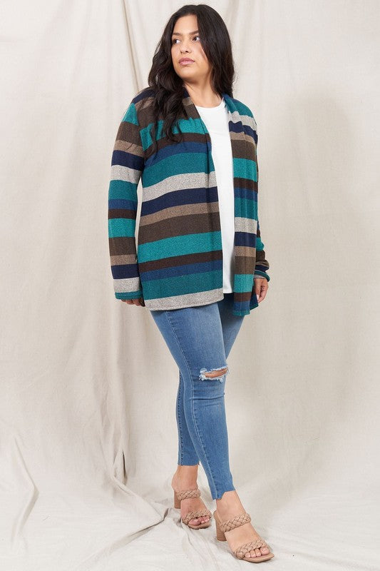 Striped Elbow Patch Cardigan Relaxed Fit Lightweight Polyester Blend