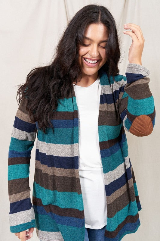 Striped Elbow Patch Cardigan Relaxed Fit Lightweight Polyester Blend