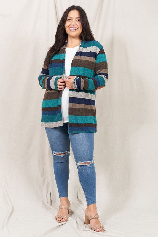 Striped Elbow Patch Cardigan Relaxed Fit Lightweight Polyester Blend