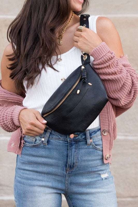 Convertible Sling Belt Bag in Vegan Leather with Zipper Pockets and Adjustable Strap
