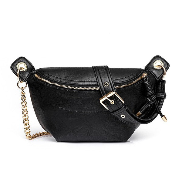 Convertible Sling Belt Bag in Vegan Leather with Zipper Pockets and Adjustable Strap