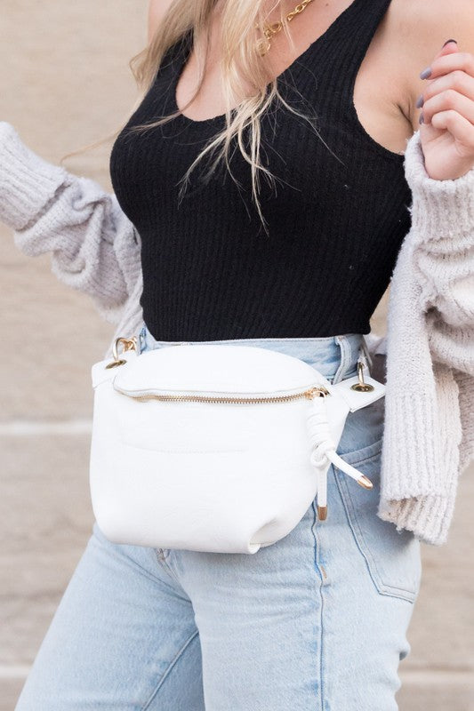 Convertible Sling Belt Bag in Vegan Leather with Zipper Pockets and Adjustable Strap