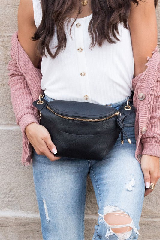 Convertible Sling Belt Bag in Vegan Leather with Zipper Pockets and Adjustable Strap