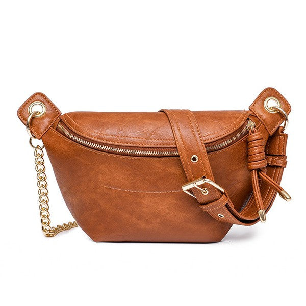 Convertible Sling Belt Bag in Vegan Leather with Zipper Pockets and Adjustable Strap