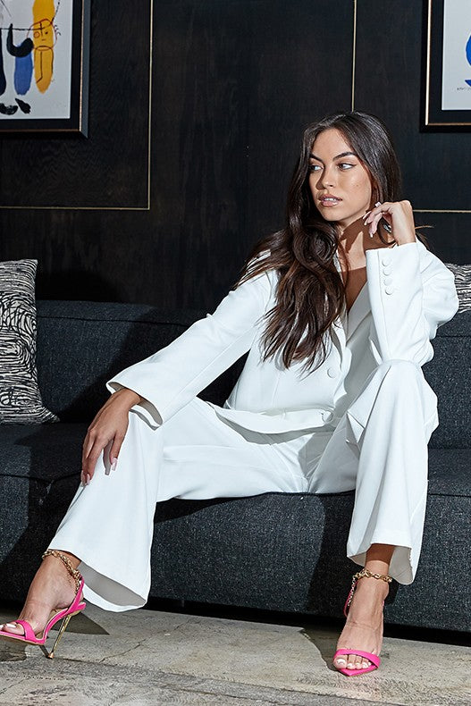 Athina Casual Loose Fit Blazer and Pants Set in Blue or White with Front Button Closure