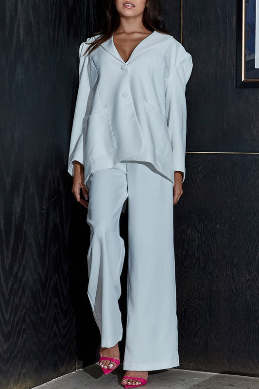 Athina Casual Loose Fit Blazer and Pants Set in Blue or White with Front Button Closure