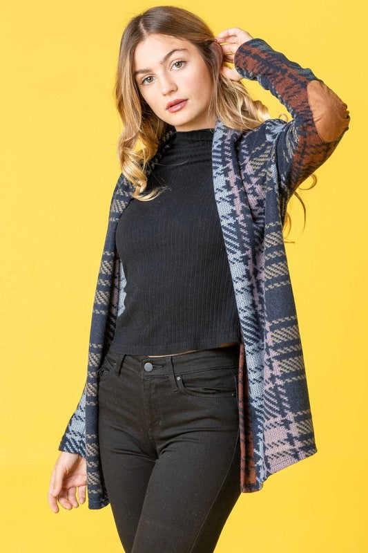 Multi-Color Plaid Elbow Patch Cardigan for Women in Polyester Blend