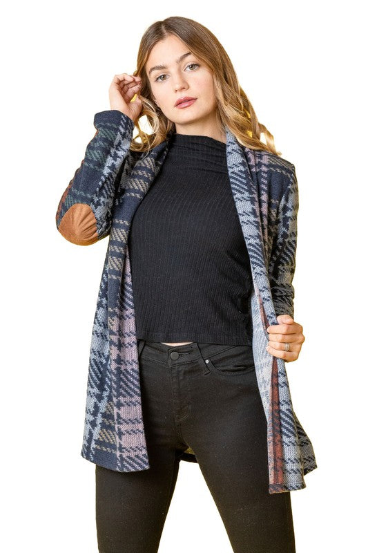 Multi-Color Plaid Elbow Patch Cardigan for Women in Polyester Blend