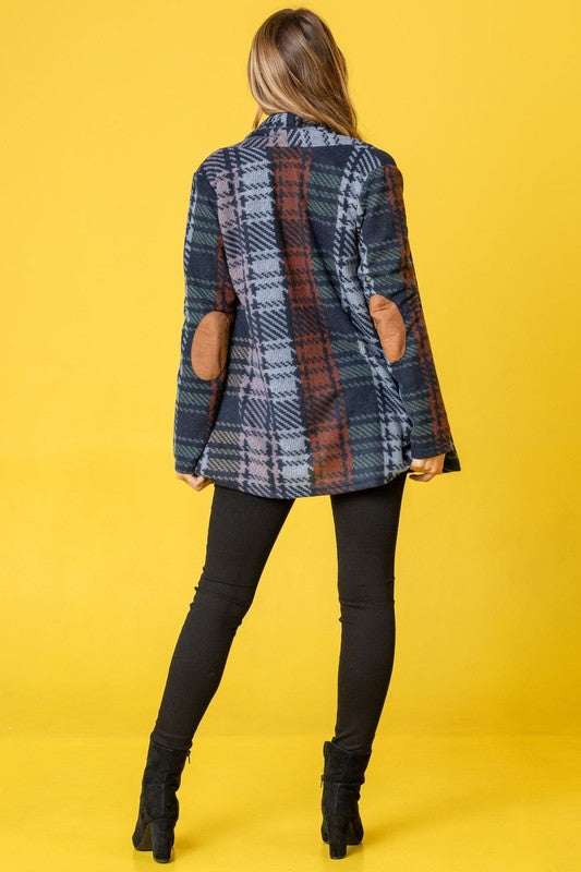 Multi-Color Plaid Elbow Patch Cardigan for Women in Polyester Blend