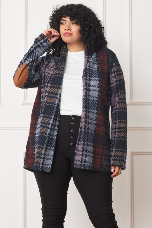 Multi-Color Plaid Elbow Patch Cardigan for Women in Polyester Blend