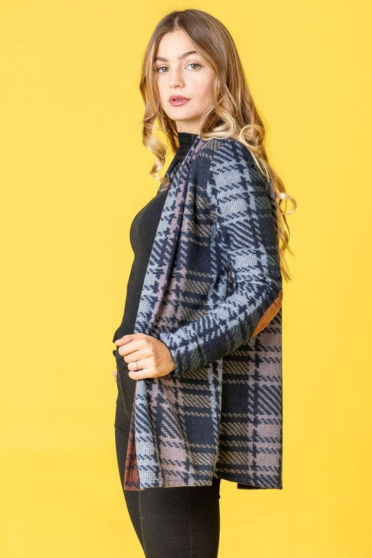 Multi-Color Plaid Elbow Patch Cardigan for Women in Polyester Blend