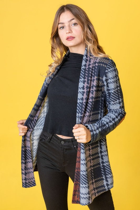 Multi-Color Plaid Elbow Patch Cardigan for Women in Polyester Blend