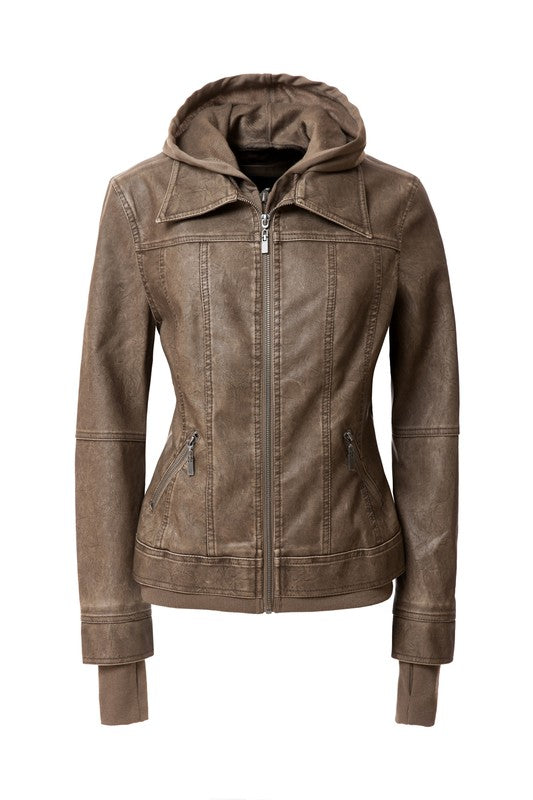 Women's PU Leather Jacket with Detachable Hood – Casual Biker Style