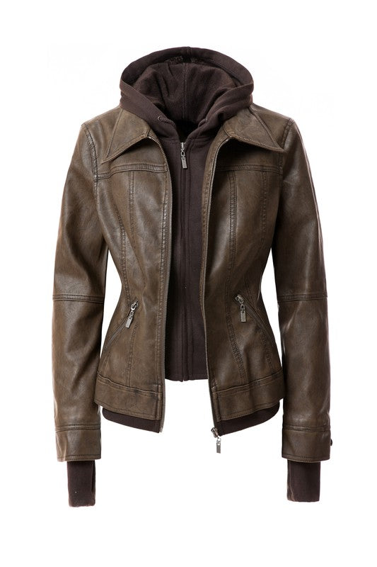 Women's PU Leather Jacket with Detachable Hood – Casual Biker Style