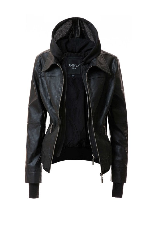 Women's PU Leather Jacket with Detachable Hood – Casual Biker Style