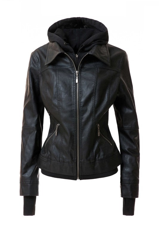 Women's PU Leather Jacket with Detachable Hood – Casual Biker Style