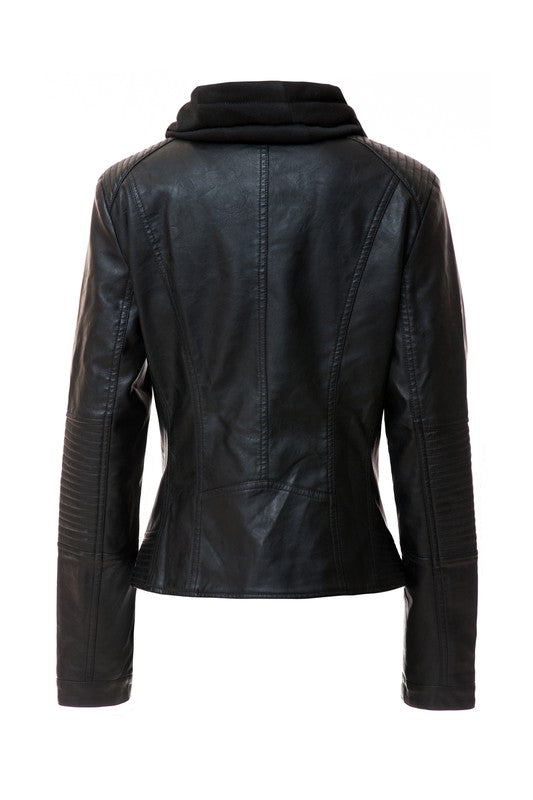 Women's PU Leather Jacket with Detachable Hood – Casual Biker Style