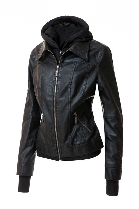 Women's PU Leather Jacket with Detachable Hood – Casual Biker Style