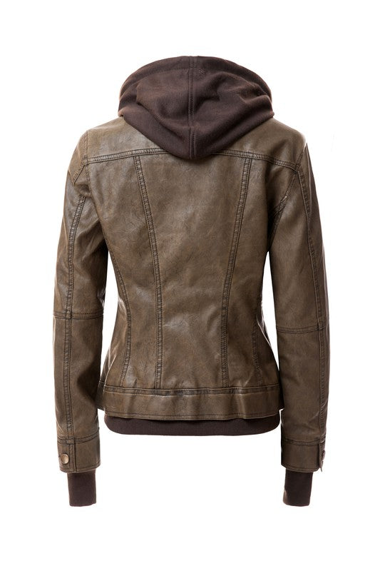 Women's PU Leather Jacket with Detachable Hood – Casual Biker Style