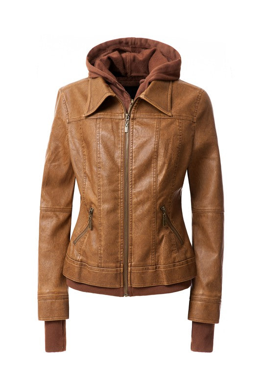 Women's PU Leather Jacket with Detachable Hood – Casual Biker Style