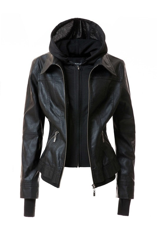 Women's PU Leather Jacket with Detachable Hood – Casual Biker Style