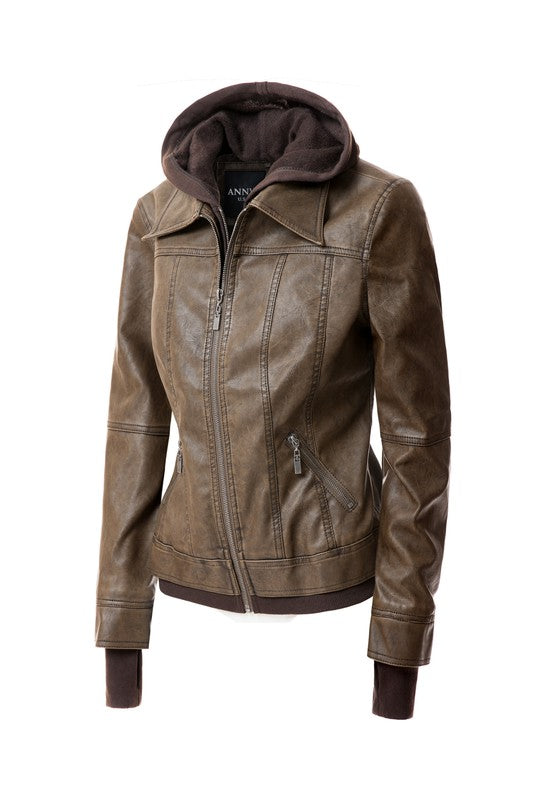 Women's PU Leather Jacket with Detachable Hood – Casual Biker Style