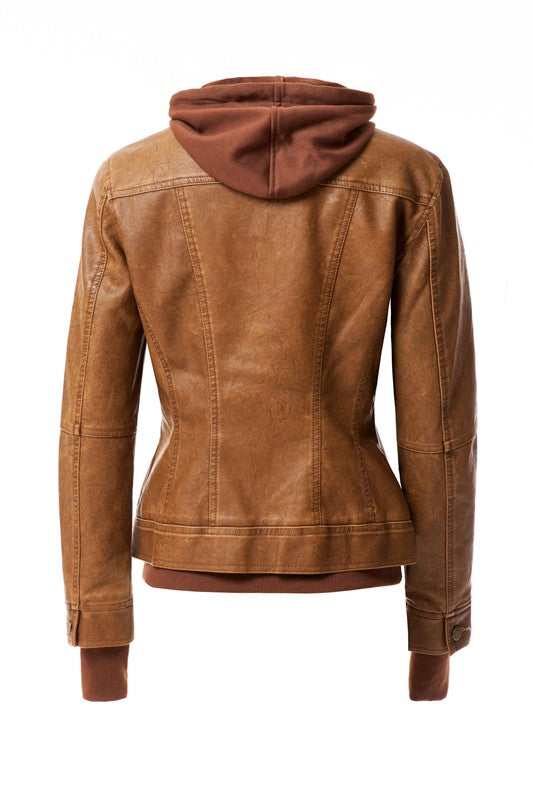 Women's PU Leather Jacket with Detachable Hood – Casual Biker Style