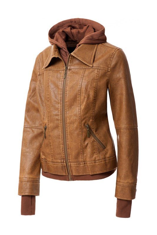 Women's PU Leather Jacket with Detachable Hood – Casual Biker Style